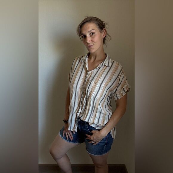 American Eagle Button Down Shirt Stripe Hi Lo Viscose Large - Picture 1 of 11